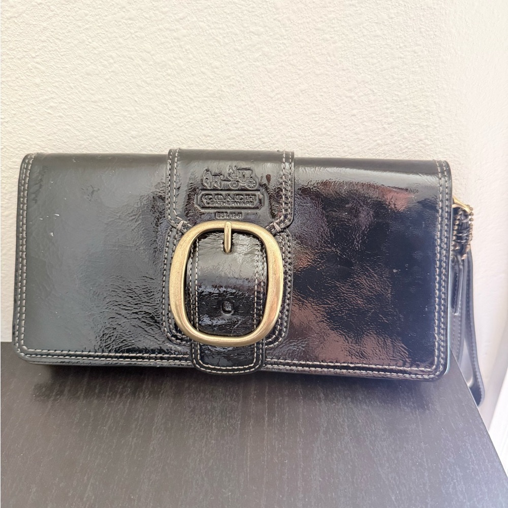Coach Black Patent Leather Clutch with Gold Buckle